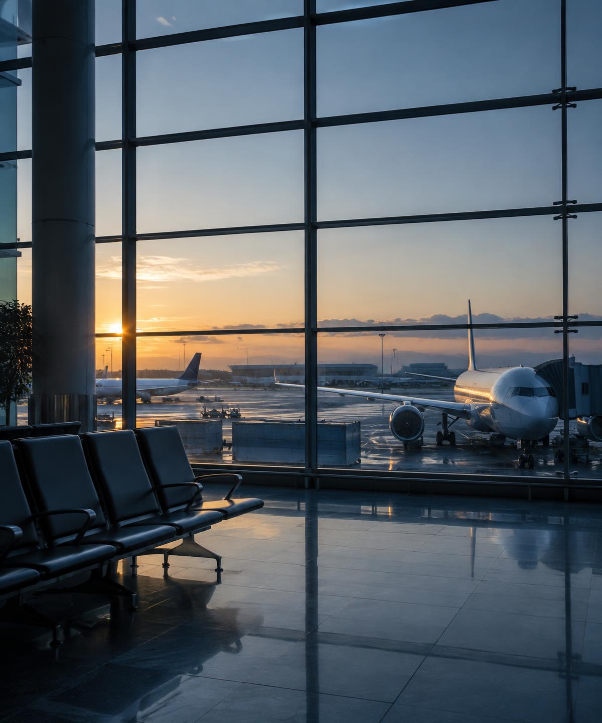 Terminal aéroportuaire et avions au point de stationnement à l’aube