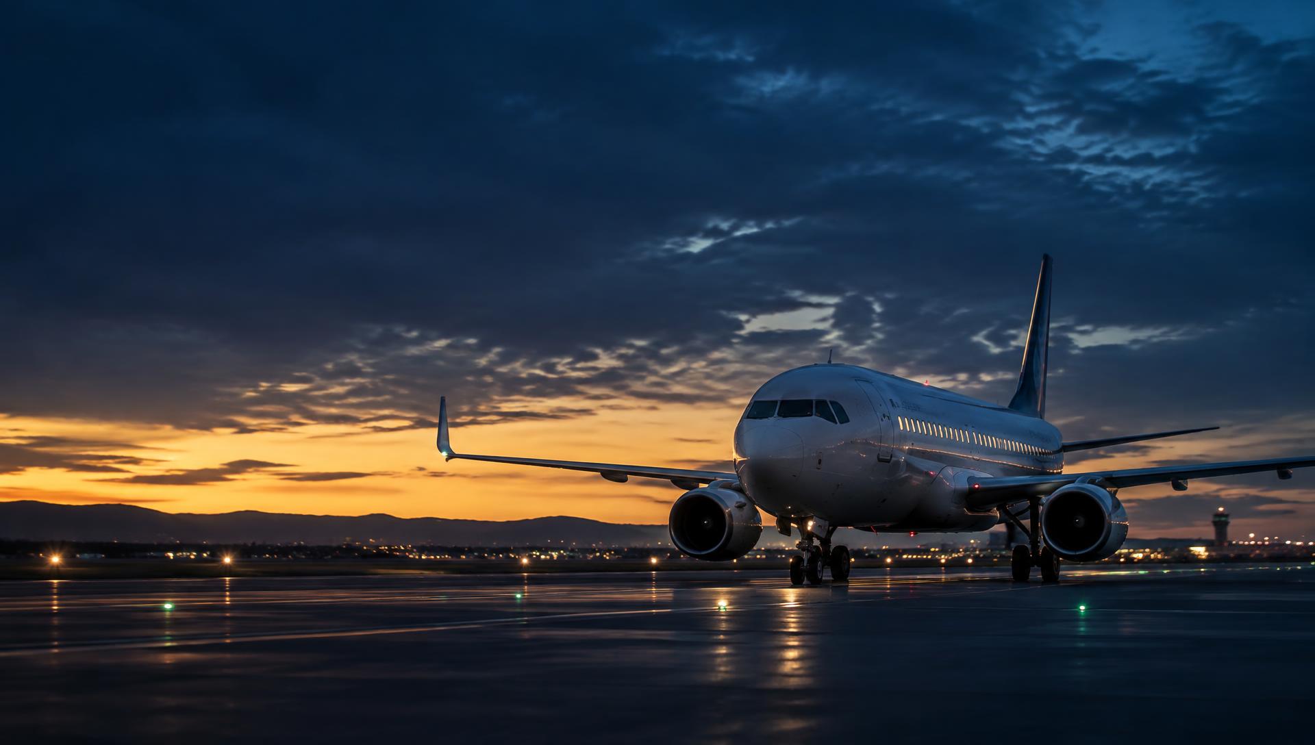 Avion de ligne sur une piste au crépuscule
